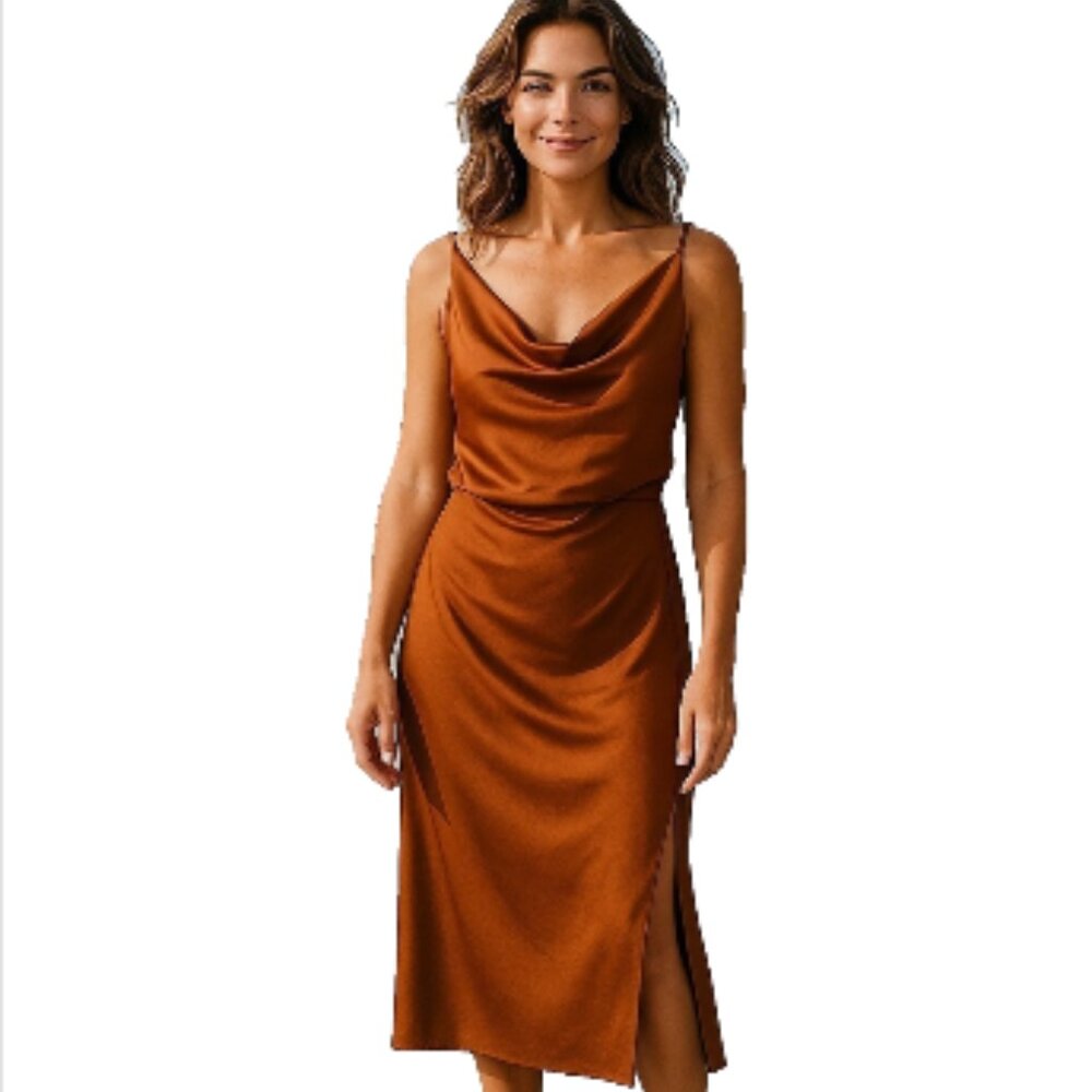 Misguided Plus Satin Midi Dress Sz 14 Brown Cowl Neck Strappy Open Back Cocktail